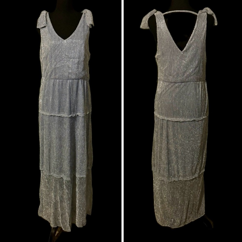 NWT Glamour Nights sz 10 Blue Silver Ruffled Maxi Dress